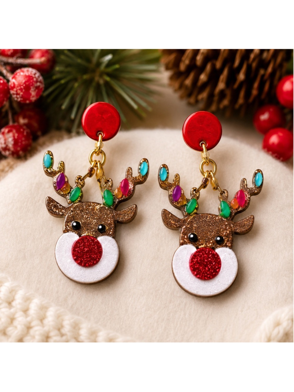 Christmas Rudolph Reindeer Ornament Antler Dangle Earrings Holiday Jewelry